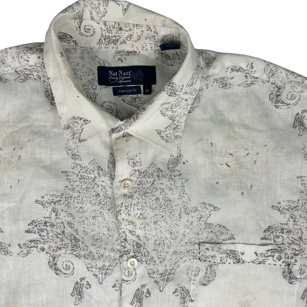 Nat Nast Linen Camp Shirt XL Beige Gray Y2K Resort Print Short Sleeve   Vented